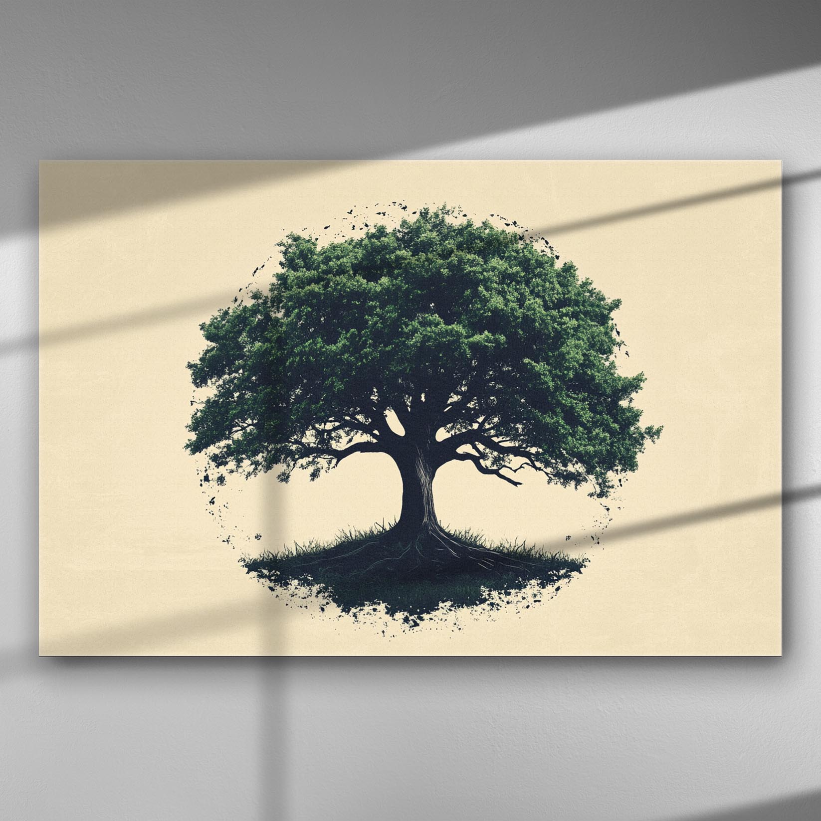 Canvas art featuring a majestic tree with detailed leaves and roots on a neutral background.