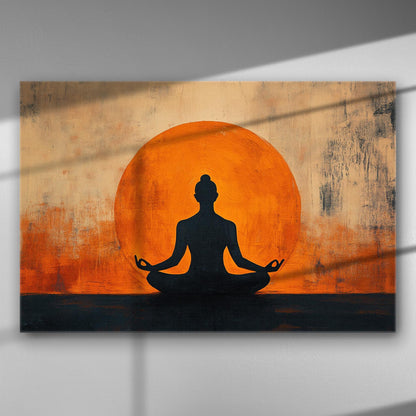 Silhouette of a person meditating in front of an orange circle on canvas