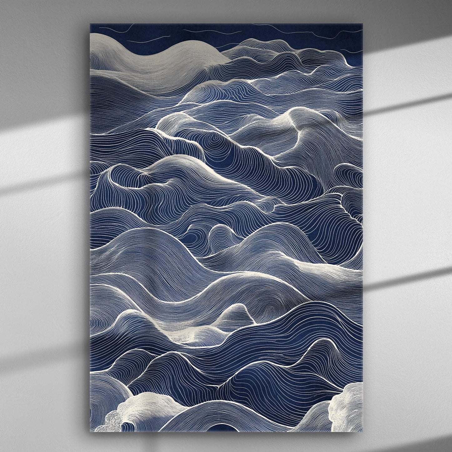 Abstract artwork with wavy white lines on a dark blue background, resembling waves.