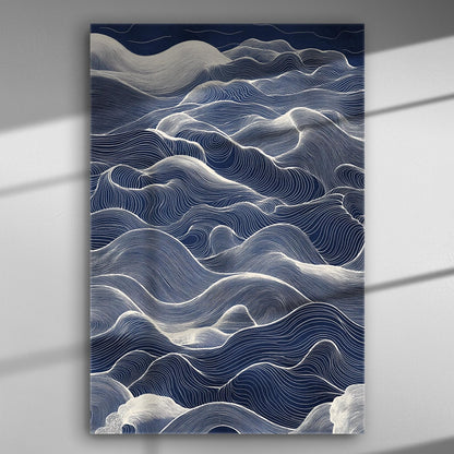 Abstract artwork with wavy white lines on a dark blue background, resembling waves.