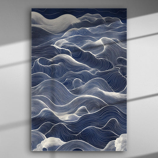 Abstract artwork with wavy white lines on a dark blue background, resembling waves.