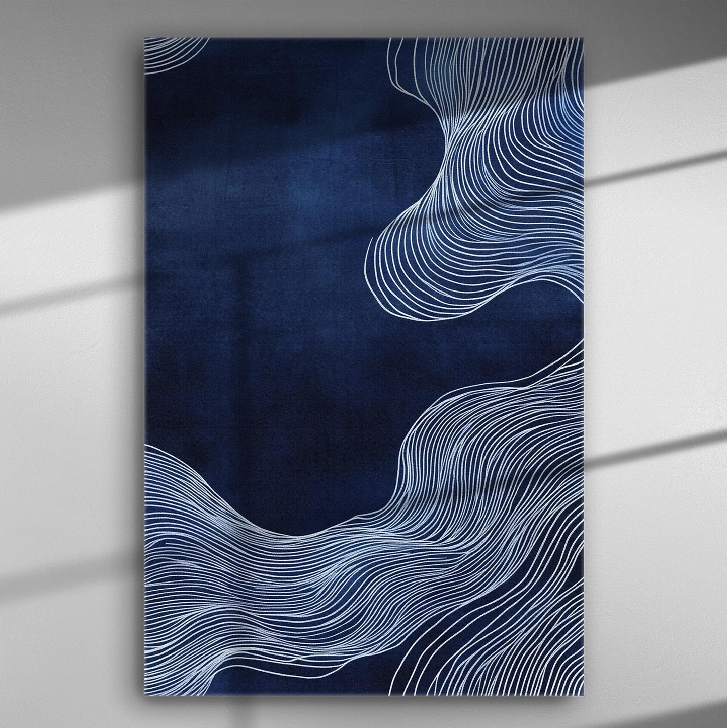 Abstract blue canvas with white wavy lines