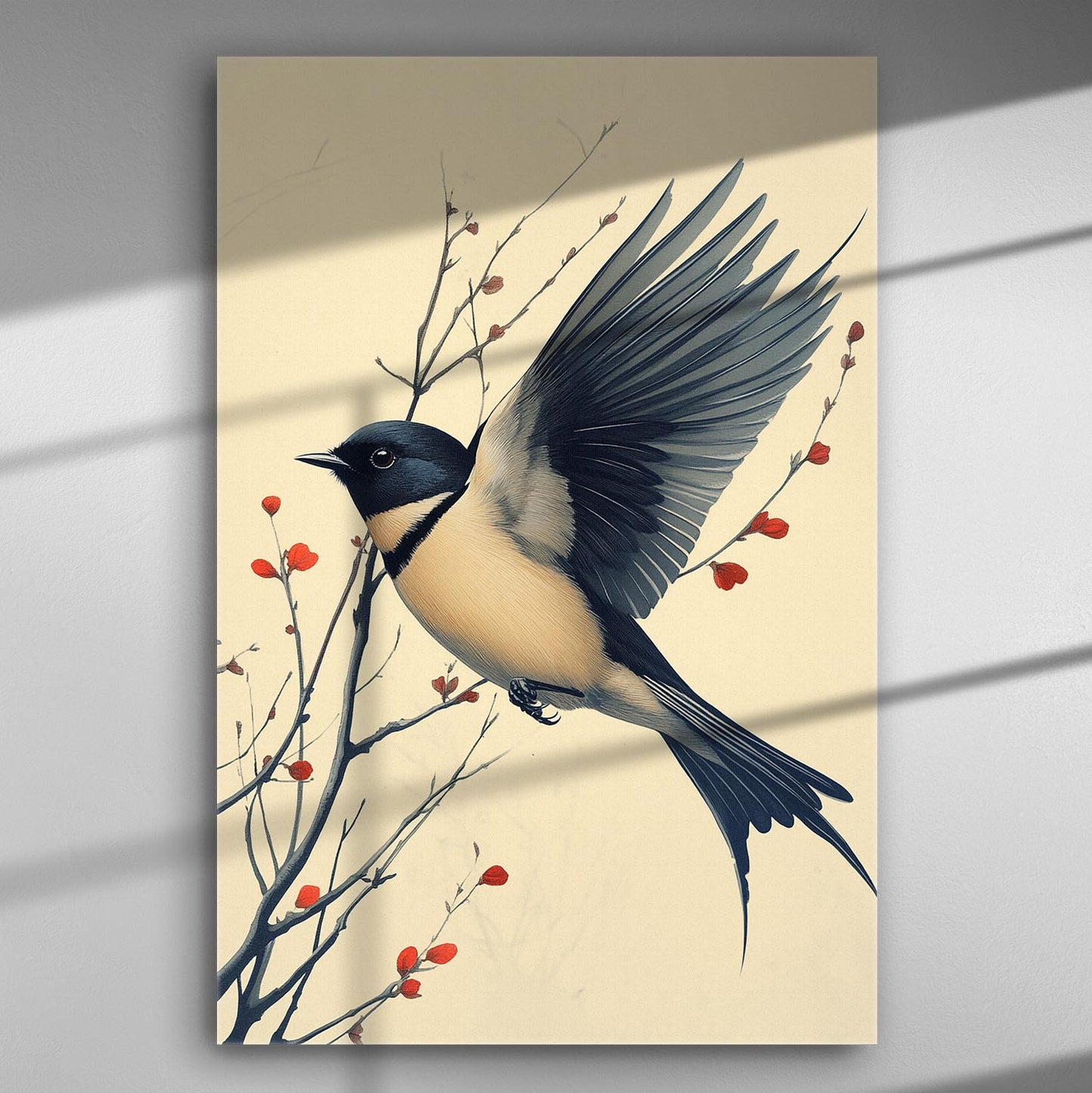 Canvas print of a bird flying among red branches, detailed and vibrant.