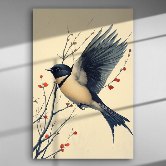 Canvas print of a bird flying among red branches, detailed and vibrant.