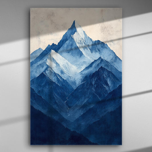 Canvas print of blue-toned mountain scenery, showcasing peaks and valleys for home or office decor.