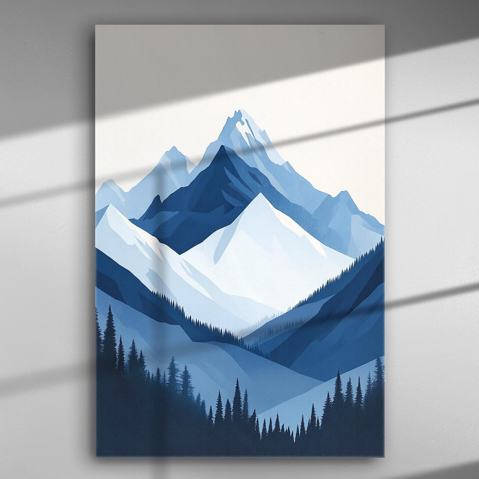 Illustration of blue mountains in minimalist style on a canvas.