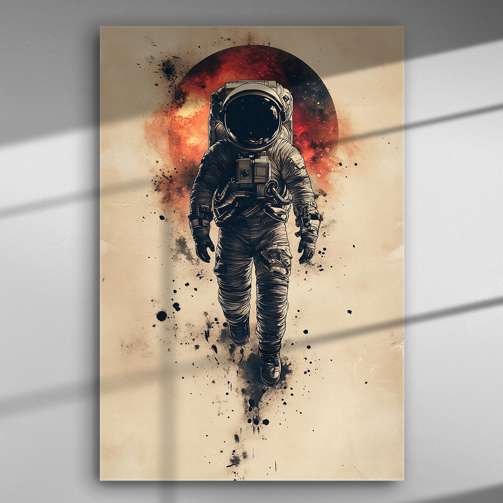Astronaut walking in space with a fiery background illustration.