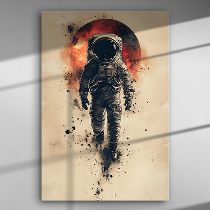 Astronaut walking in space with a fiery background illustration.
