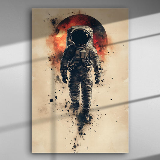 Astronaut walking in space with a fiery background illustration.