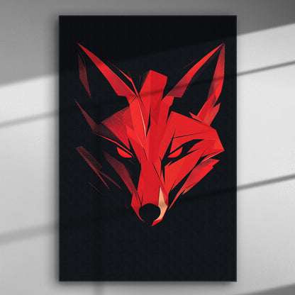 Geometric red wolf head illustration on black canvas, modern art piece.