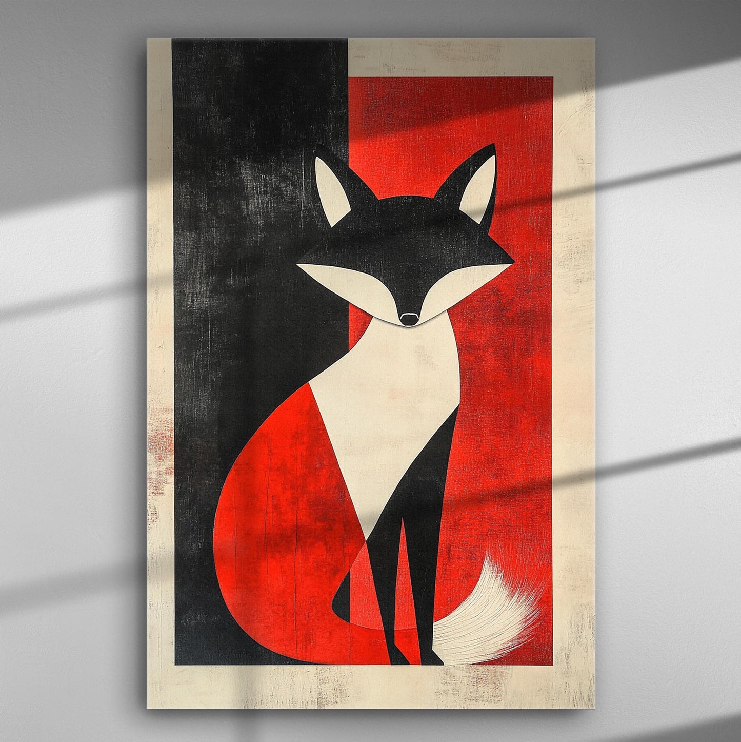 Geometric fox canvas print with red, black, and white colors.