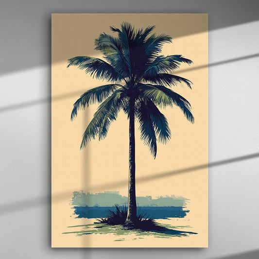 canvas print of a lone palm tree with a sandy background and retro aesthetic.