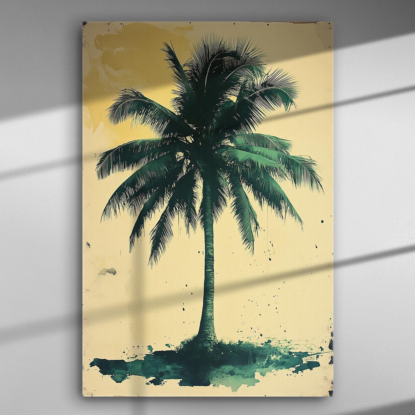 Canvas print of a green palm tree with a beige background, tropical art decor.