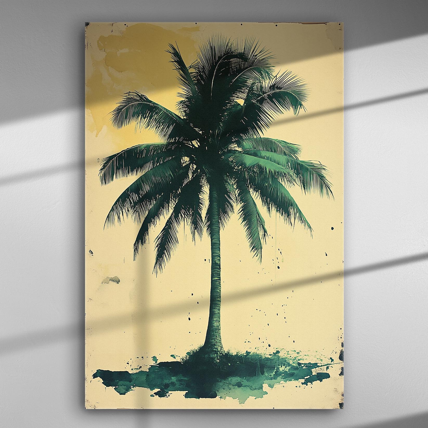 Canvas print of a green palm tree with a beige background, tropical art decor.