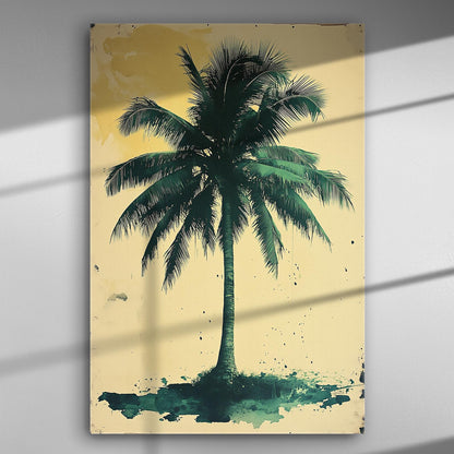 Canvas print of a green palm tree with a beige background, tropical art decor.