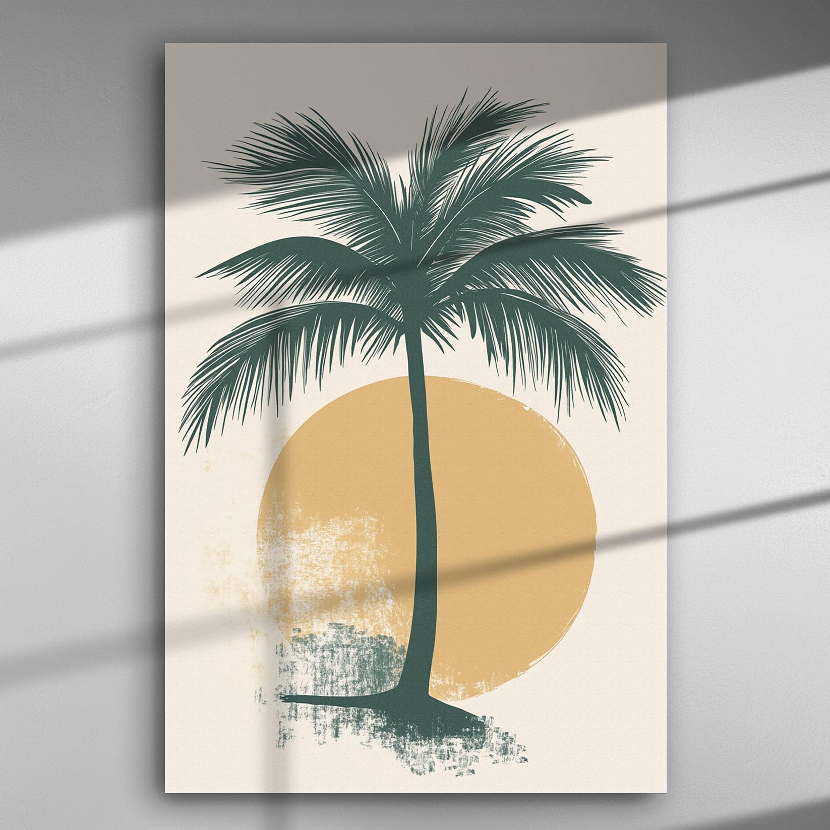 Canvas print of a tropical palm tree silhouette against a warm sun background.