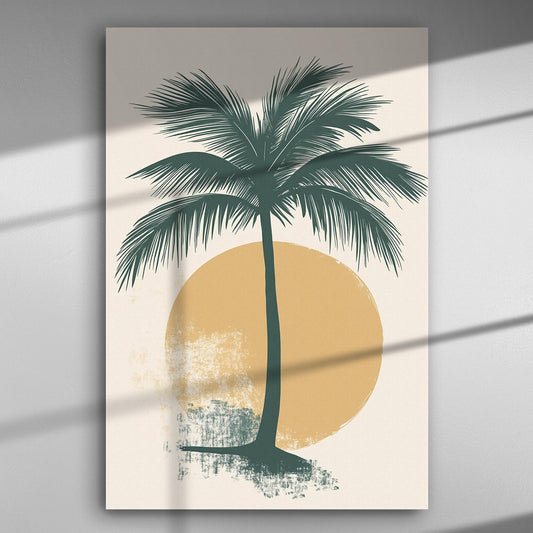 Canvas print of a tropical palm tree silhouette against a warm sun background.