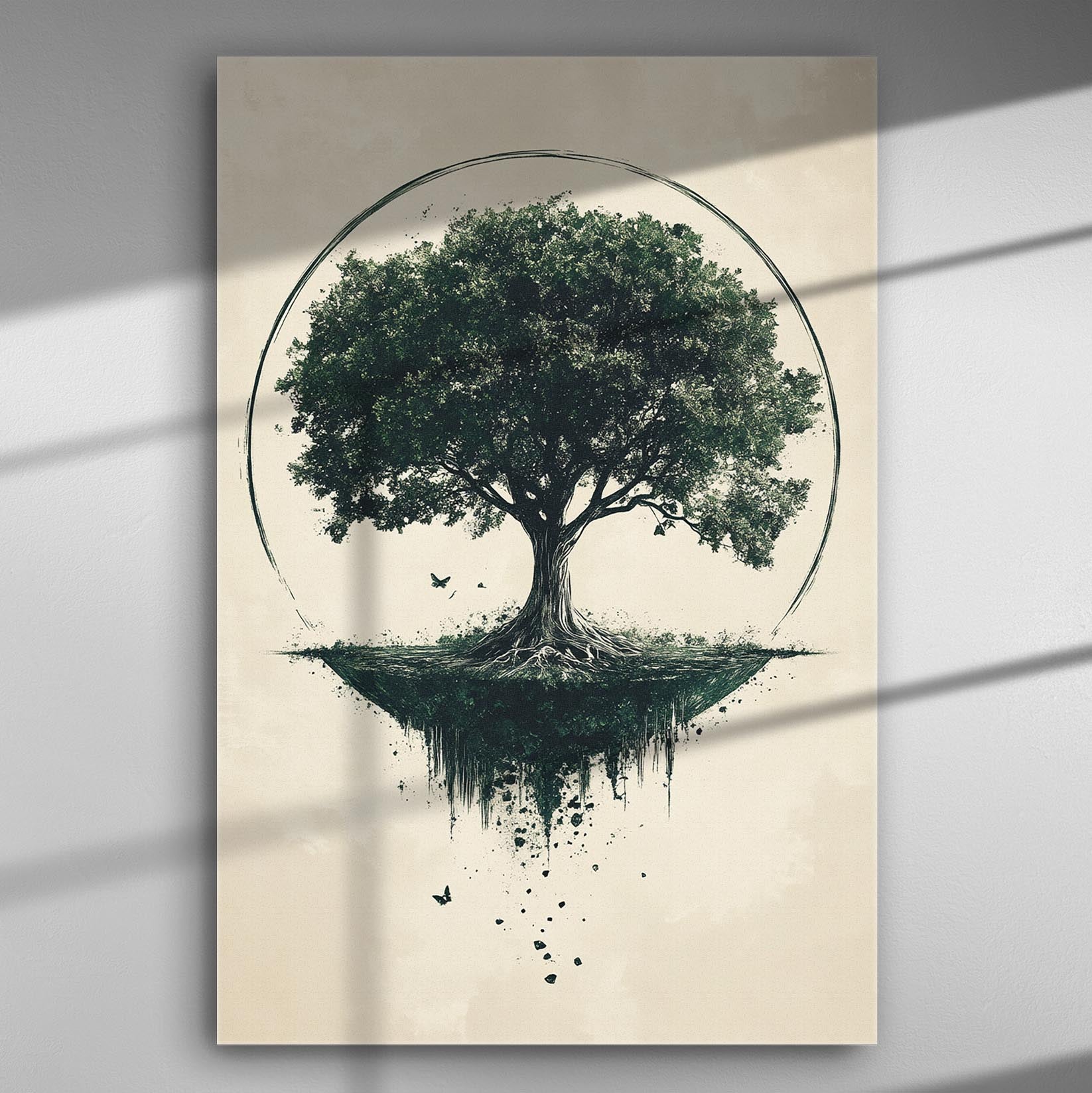 Artwork depicting a majestic tree with roots floating in the air, set within a circular frame, symbolizing nature and tranquility.