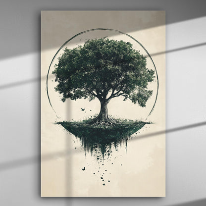 Artwork depicting a majestic tree with roots floating in the air, set within a circular frame, symbolizing nature and tranquility.