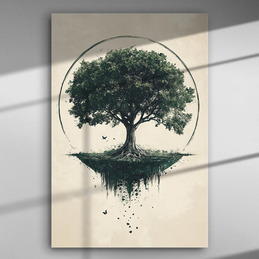 Artwork depicting a majestic tree with roots floating in the air, set within a circular frame, symbolizing nature and tranquility.