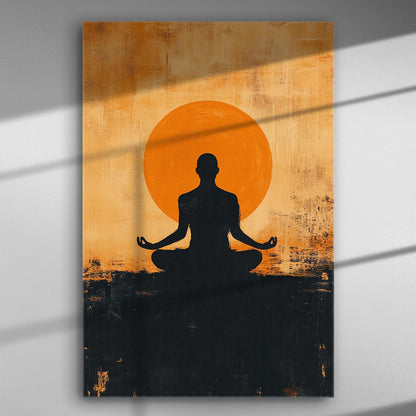 Canvas print of a meditating silhouette against an orange circle backdrop.