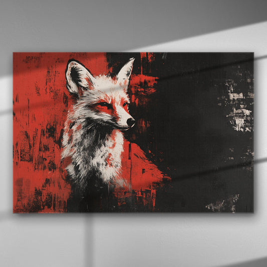 Canvas print of a fox portrait in red and black tones with abstract background.
