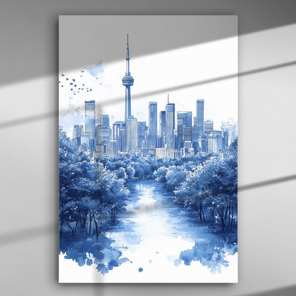 Cityscape in blue hues featuring a river and modern skyscrapers.