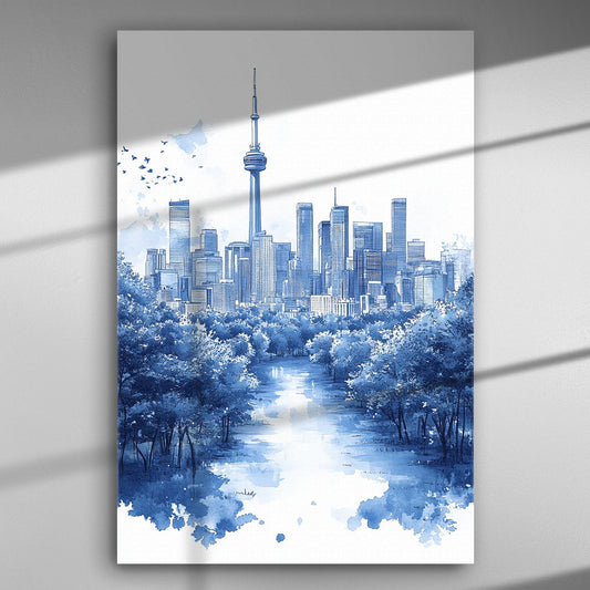 Cityscape in blue hues featuring a river and modern skyscrapers.