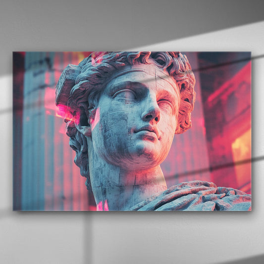Statue with neon pink and blue lighting on canvas