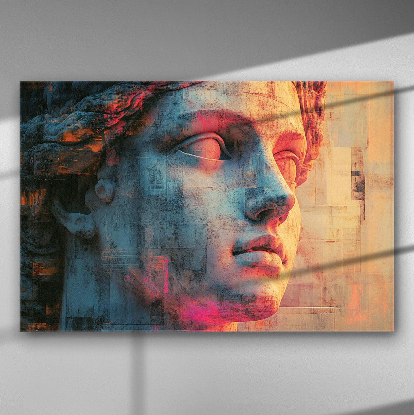Close-up of a classic sculpture face with modern artistic overlay in vibrant colors on canvas.