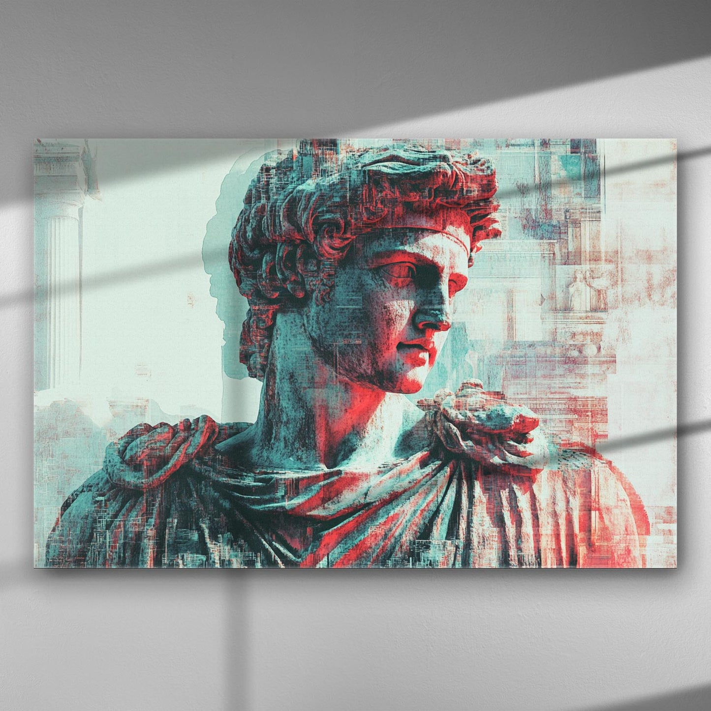 Canvas print featuring a classical Greek statue with modern color effects, ideal statement piece for living room or office.