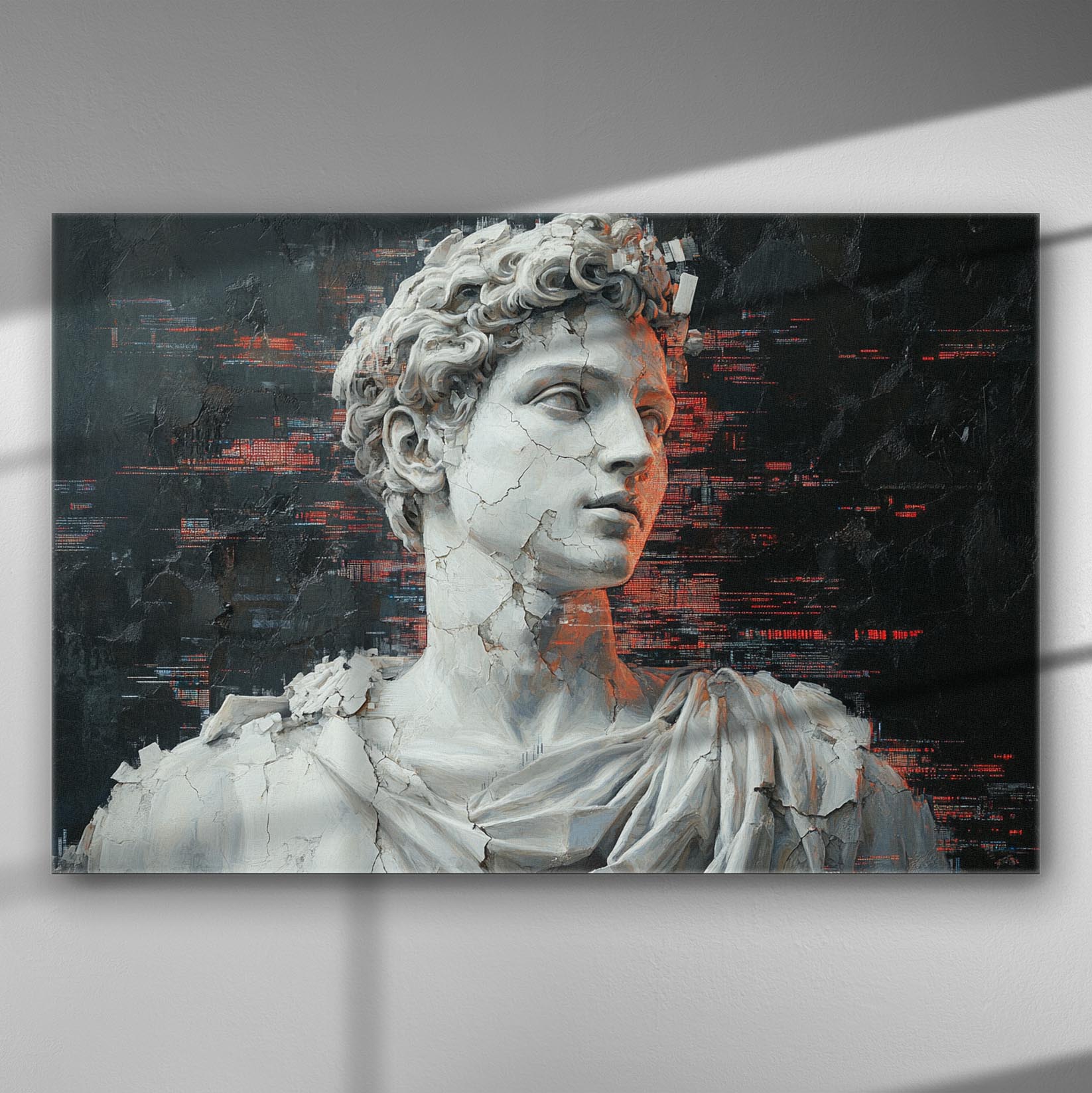Classical bust with digital glitch effects on a canvas with dark background.