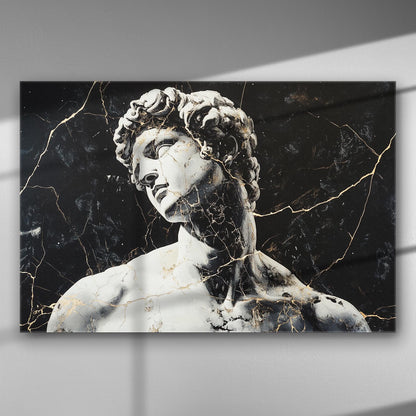 Canvas print of the classical sculpture of David with crack effects, black background.