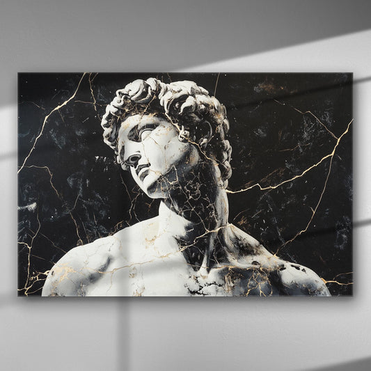 Canvas print of the classical sculpture of David with crack effects, black background.