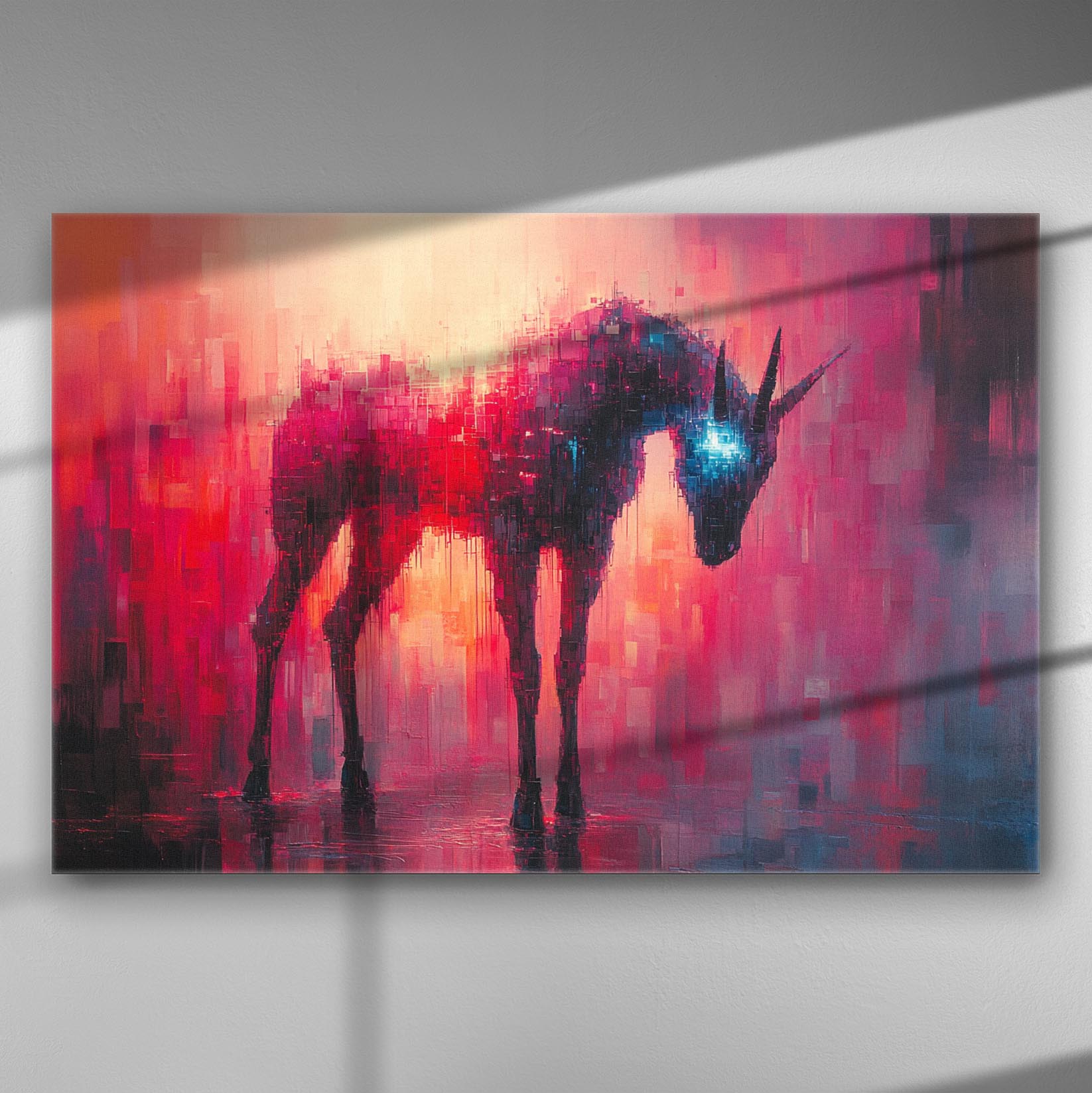 A vibrant digital art of a unicorn with glowing colors on canvas.