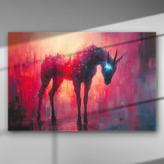 A vibrant digital art of a unicorn with glowing colors on canvas.