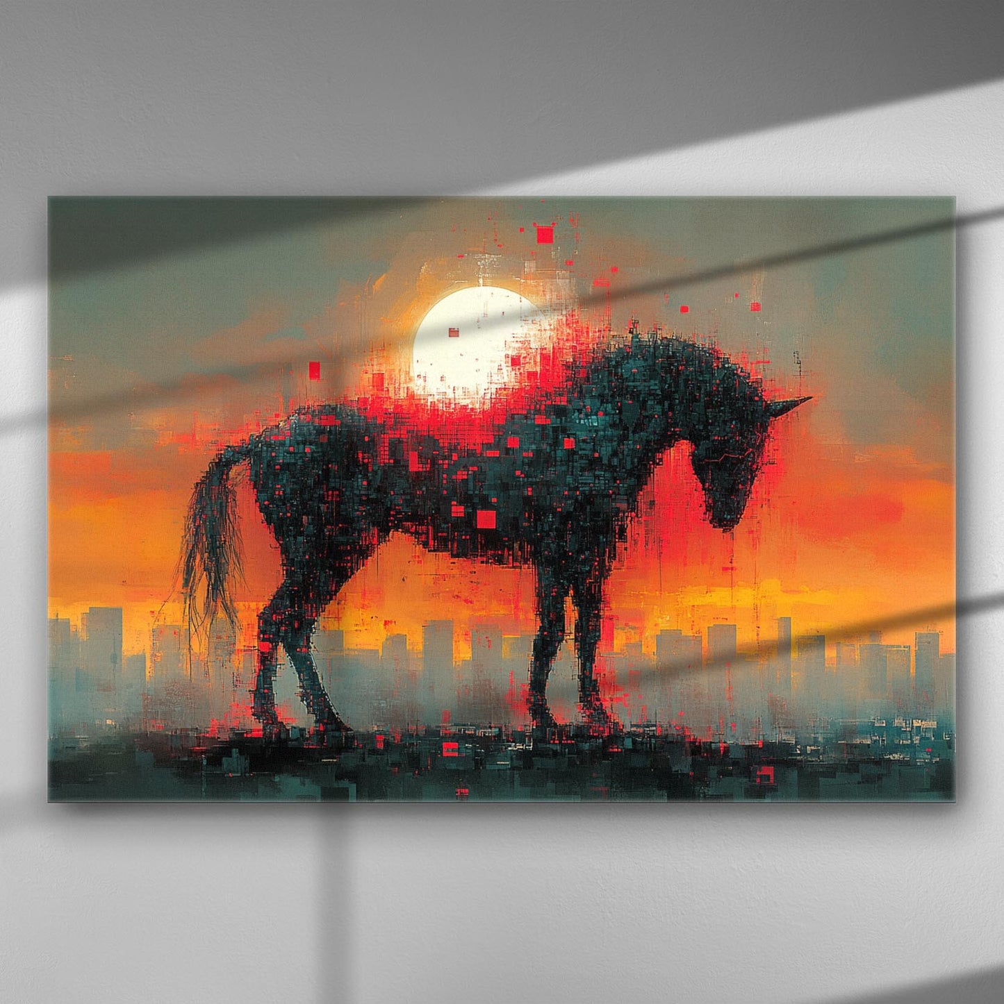 Digital horse in front of a sunset with a pixelated effect, cityscape in the background.