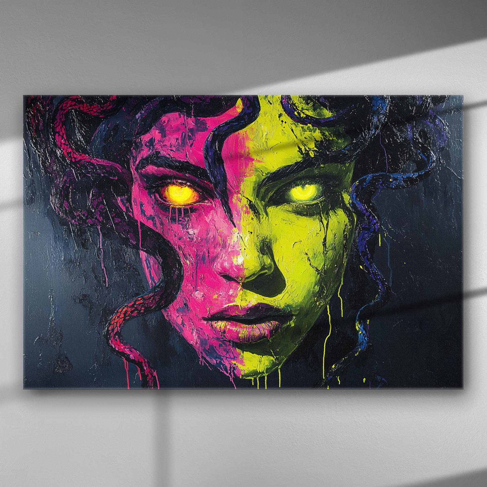 Enigmatic abstract portrait featuring vivid pink and green colors with mysterious glowing eyes on a canvas.