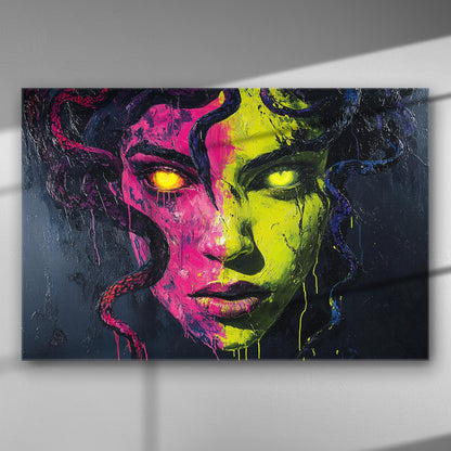 Enigmatic abstract portrait featuring vivid pink and green colors with mysterious glowing eyes on a canvas.