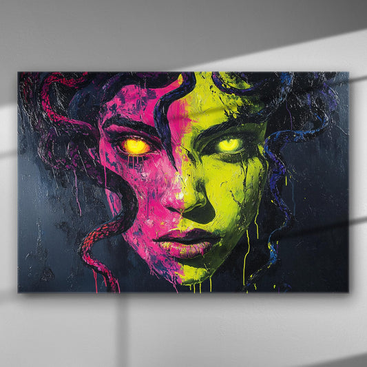 Enigmatic abstract portrait featuring vivid pink and green colors with mysterious glowing eyes on a canvas.
