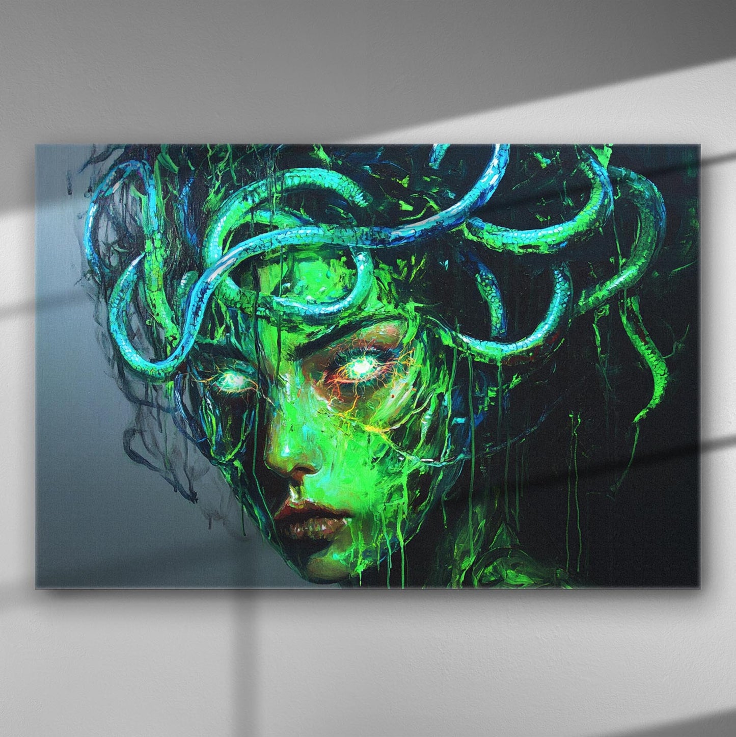 Modern depiction of Medusa with green and blue tones on canvas.