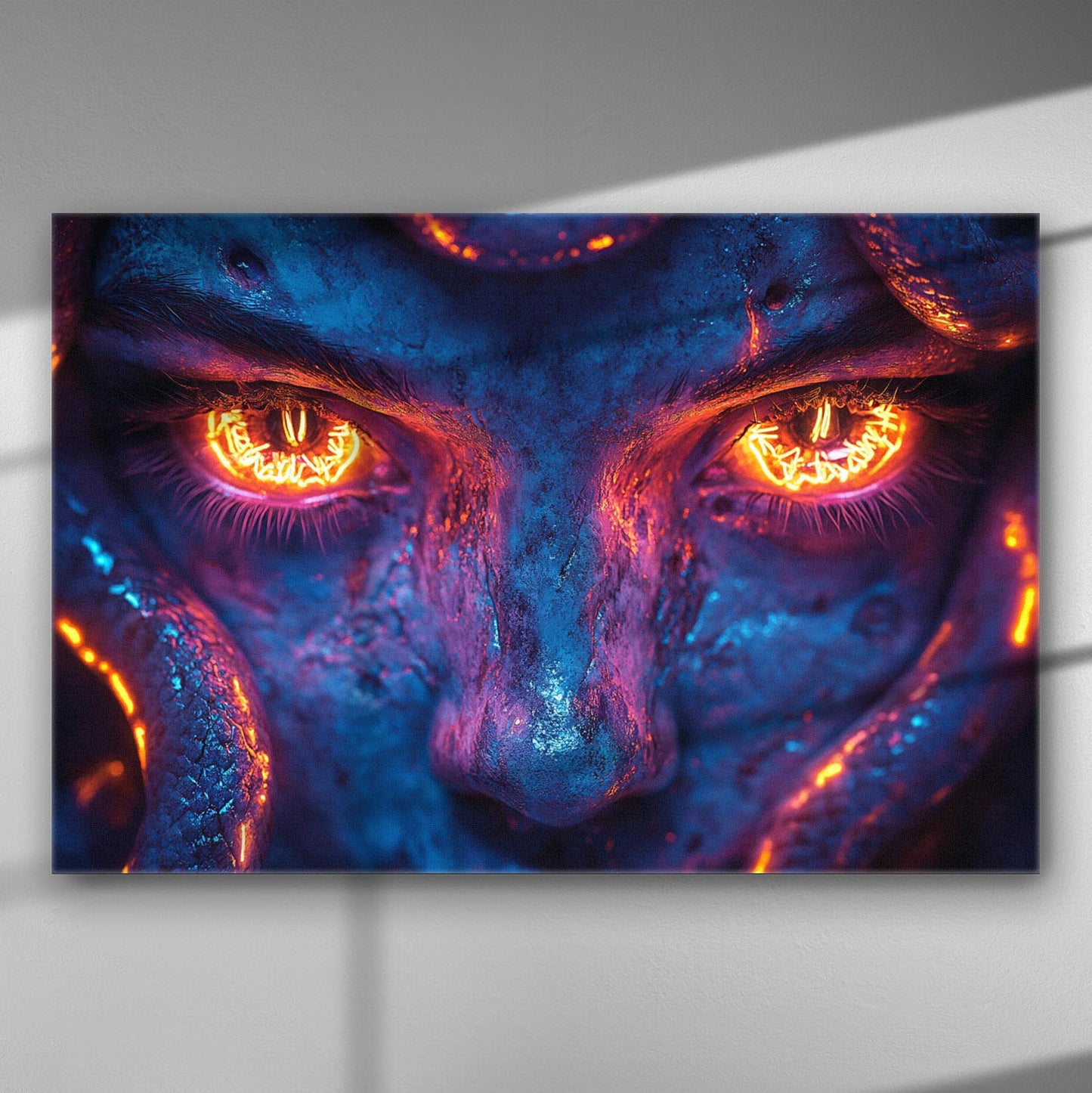A digital art piece featuring the glowing eyes of a mythical creature against a dark backdrop.
