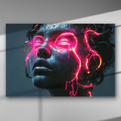 Abstract art with neon pink lines on a dark textured face, creating a contrast between light and shadow.