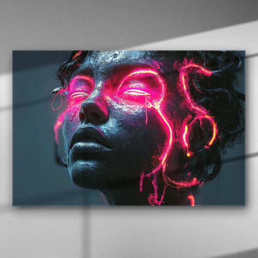 Abstract art with neon pink lines on a dark textured face, creating a contrast between light and shadow.
