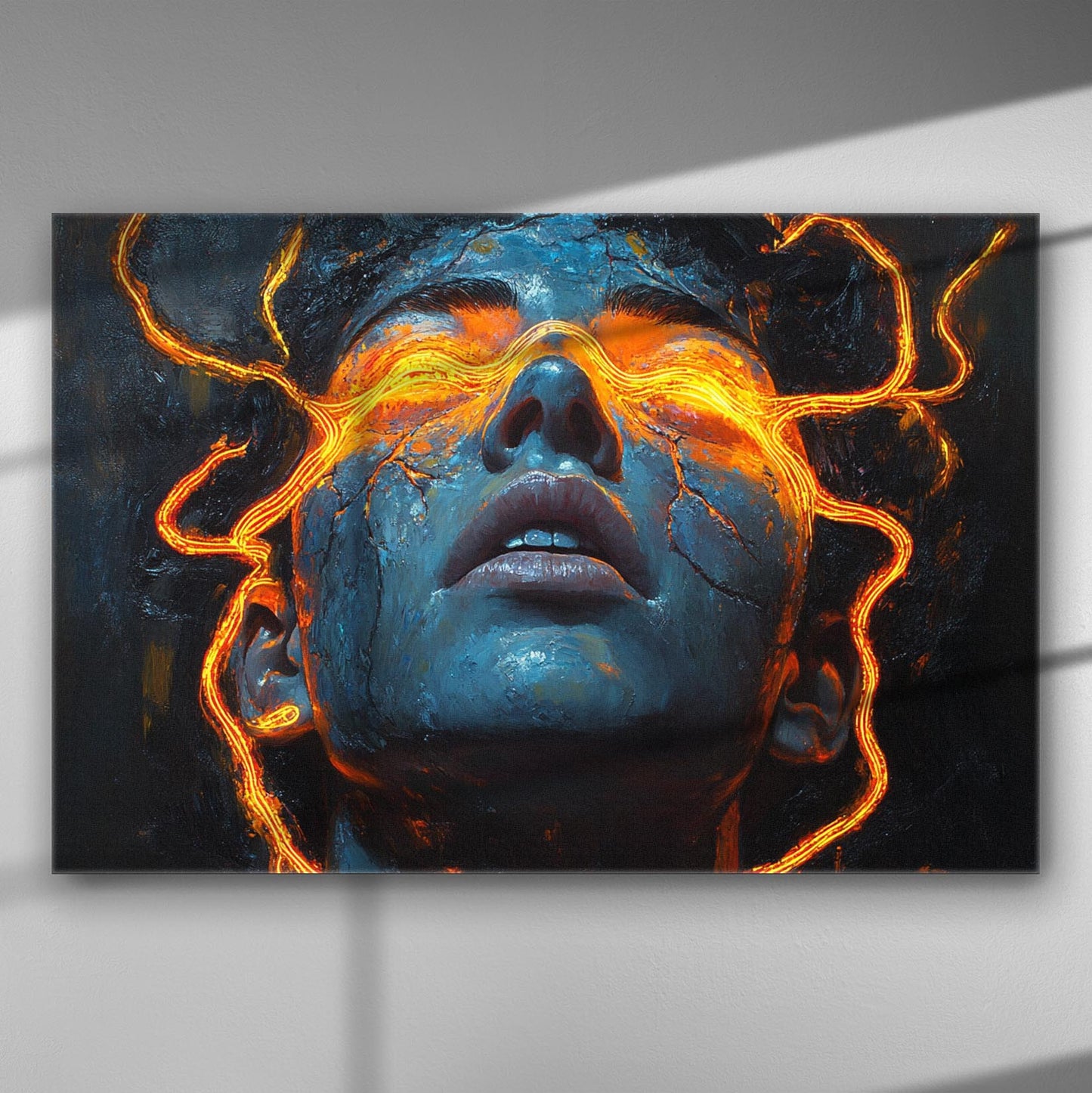 A digital artwork featuring a face with glowing orange energy lines emerging from the eyes against a deep blue background.