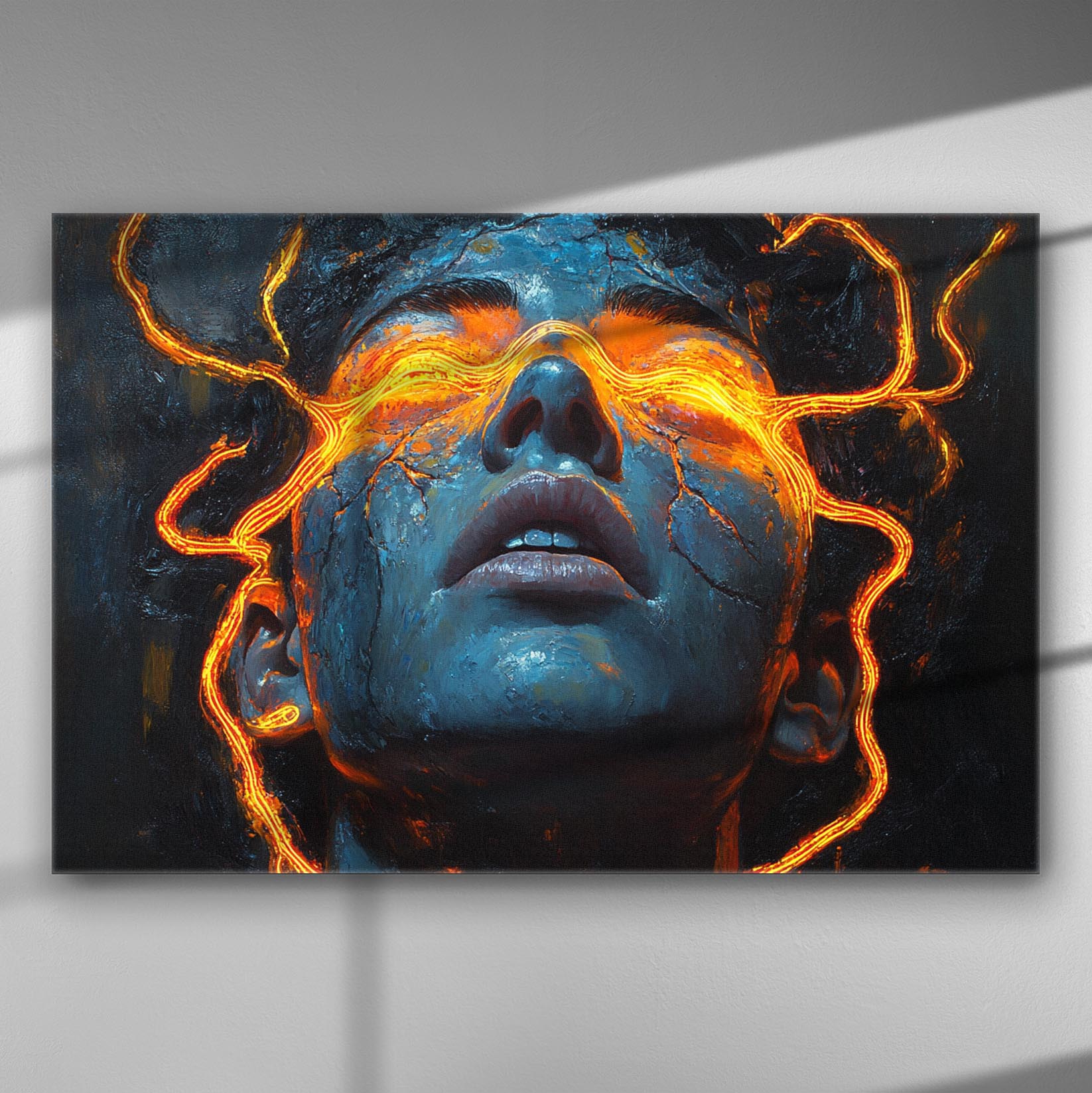 A digital artwork featuring a face with glowing orange energy lines emerging from the eyes against a deep blue background.
