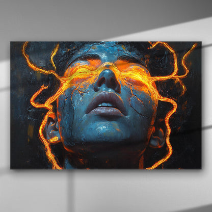A digital artwork featuring a face with glowing orange energy lines emerging from the eyes against a deep blue background.