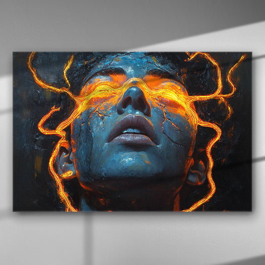 A digital artwork featuring a face with glowing orange energy lines emerging from the eyes against a deep blue background.