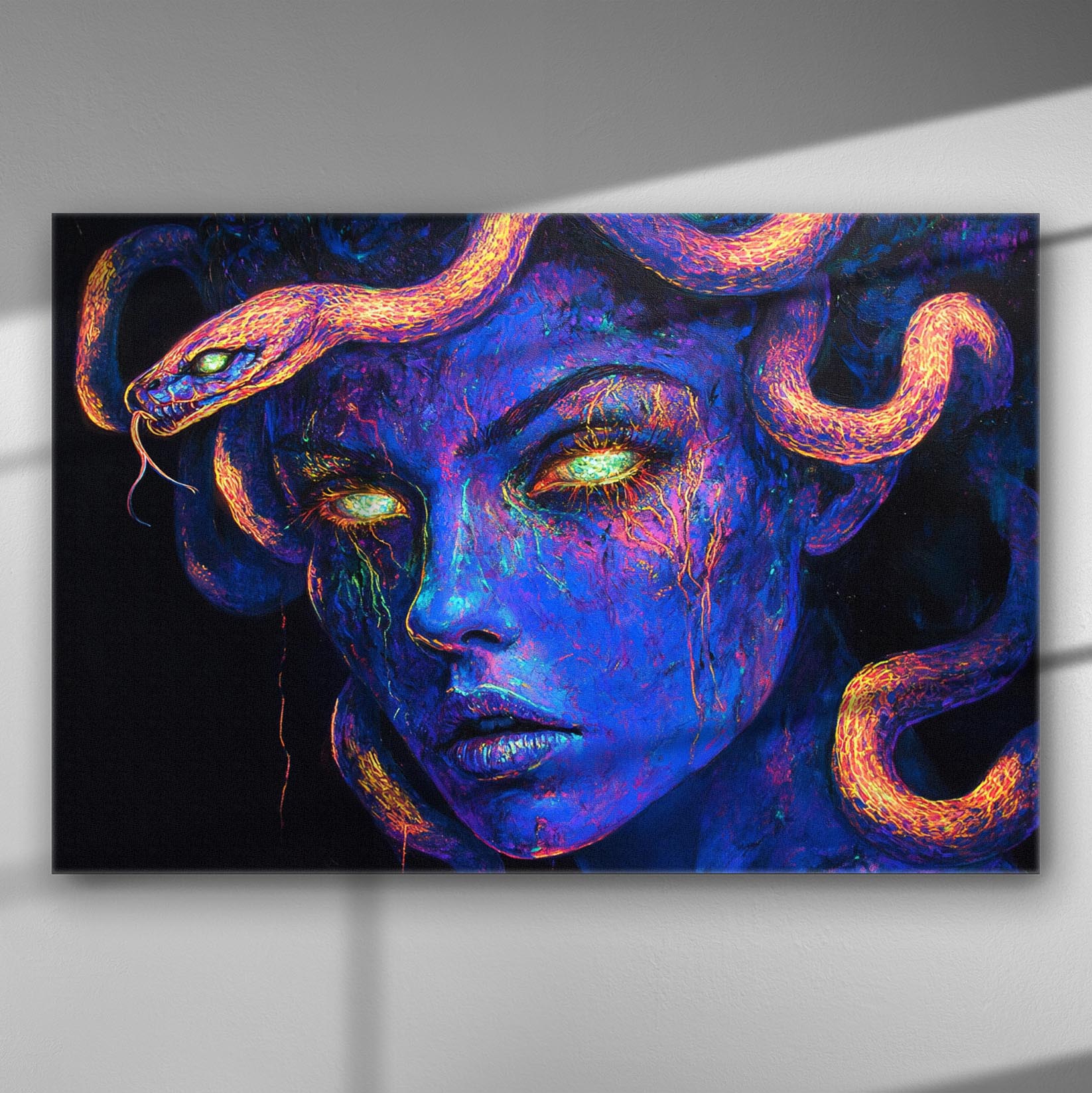 A vibrant and dynamic depiction of Medusa with bright colors and snakes.