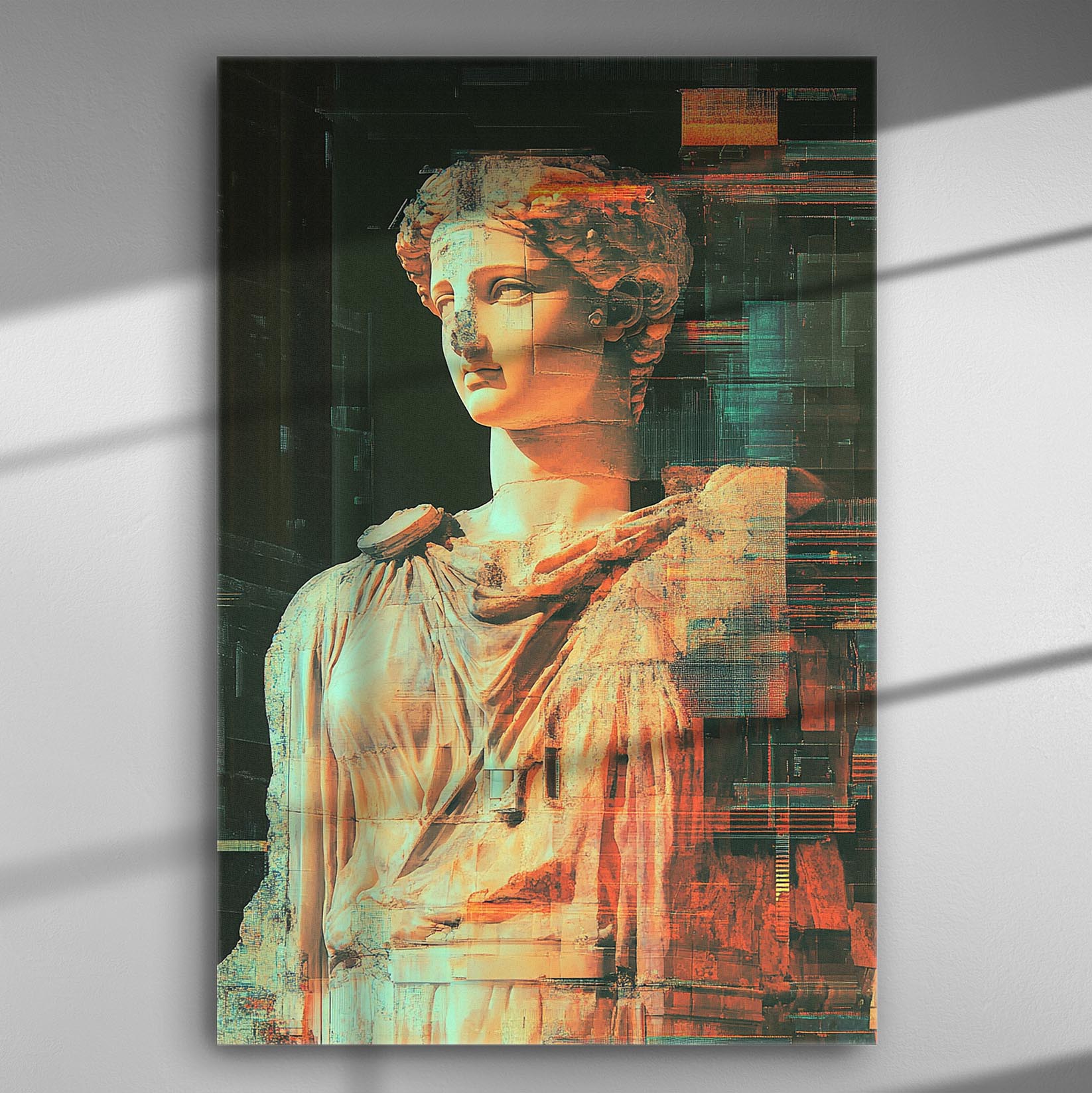 Digital reinterpretation of an ancient sculpture in vibrant colors on canvas.